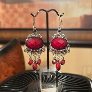 Red and Silver Dangle Earrings with Intricate Metalwork